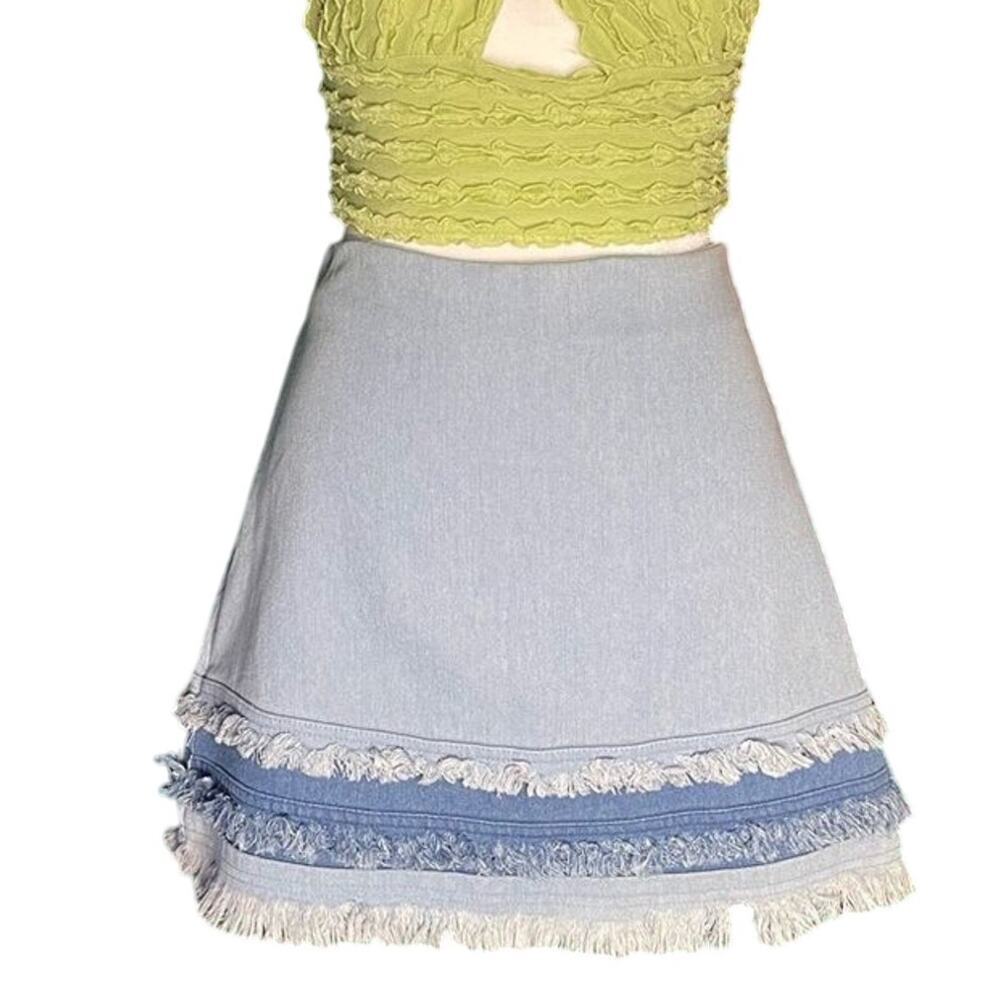 Lulus Layered Frayed Light Blue Denim Cotton A-Line Mini Skirt Small